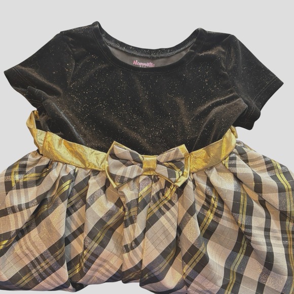 Nannette Kid Dress 8 Black Velvet Plaid Gold Bow Cap Sleeve Crinoline Shine Gray - Picture 4 of 10